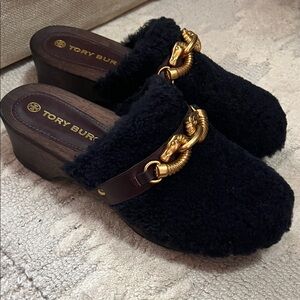 Tory Burch Black Shearling Mules with Gold Accents